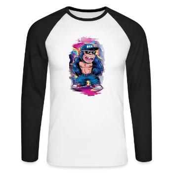 Streetart Gorilla Musik - Unisex Baseballshirt langarm - Weiß/Schwarz - Vorne - Nik (191cm)