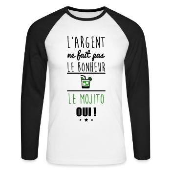 Argent Pas Bonheur Mojito, alcool, humour - T-shirt baseball manches longues Homme - blanc/noir - Devant - Nik (191cm)