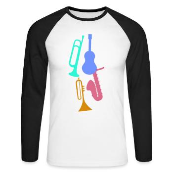 Jazz,Instruments,Trompette,Guitare,Saxophone - T-shirt baseball manches longues Homme - blanc/noir - Devant - Nik (191cm)