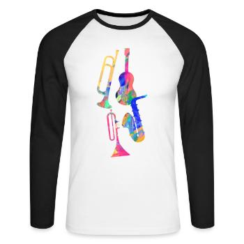 Jazz,Instruments,Trompette,Guitare,Saxophone - T-shirt baseball manches longues Homme - blanc/noir - Devant - Nik (191cm)