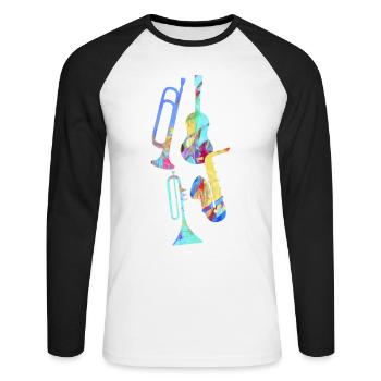 Jazz,Instrumente,Trompete,Guitarre,Saxophon - Unisex Baseballshirt langarm - Weiß/Schwarz - Vorne - Nik (191cm)