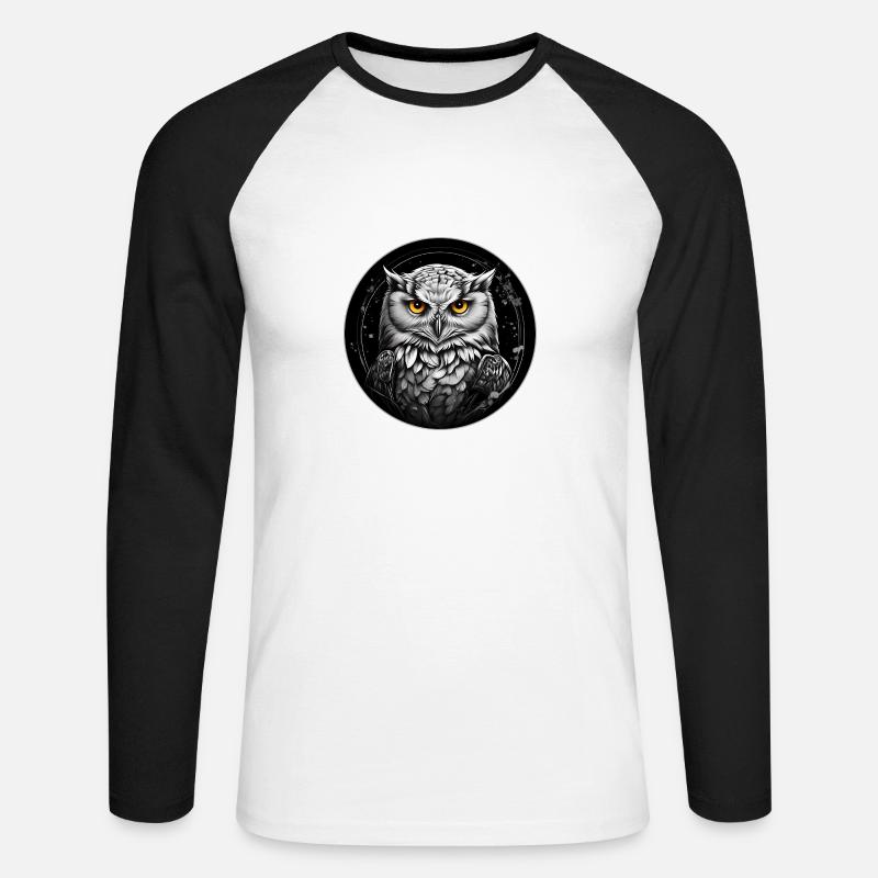 Schneeeulenportrait Schneeeule Eulengrafik - Unisex Baseballshirt langarm - Weiß/Schwarz