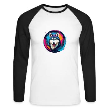Sibirischer Husky Huskyportrait im Farbkreis - Unisex Baseballshirt langarm - Weiß/Schwarz - Vorne - Nik (191cm)