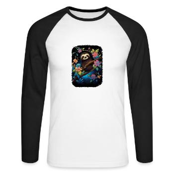 Faultier Niedliches Tier Floraler Nachthimmel - Unisex Baseballshirt langarm - Weiß/Schwarz - Vorne - Nik (191cm)