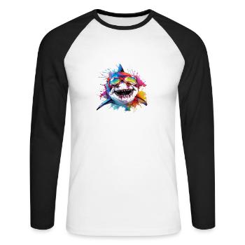 Lustiger Hai mit Sonnenbrille Kunst Shark - Unisex Baseballshirt langarm - Weiß/Schwarz - Vorne - Nik (191cm)