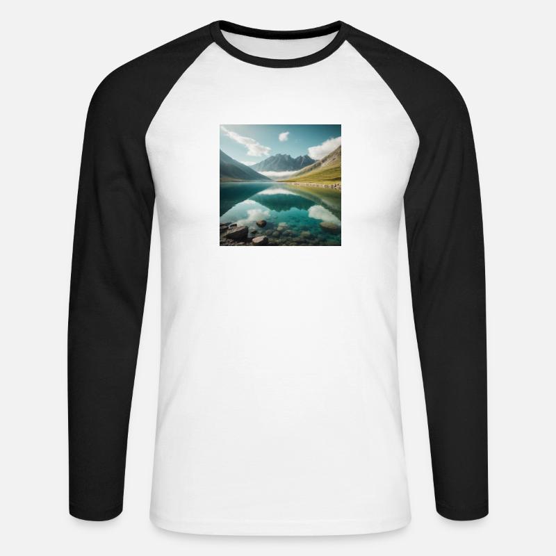 Bergsee mit wunderschöner Reflektion - Unisex Baseballshirt langarm - Weiß/Schwarz