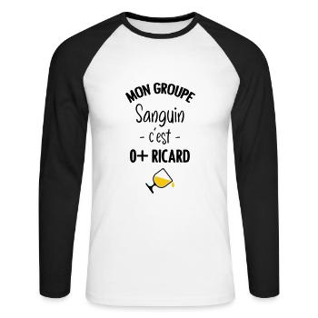 Mon groupe sanguin c'est O+ Pastis - T-shirt baseball manches longues Homme - blanc/noir - Devant - Nik (191cm)