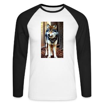 Loup | Prédateur | Chien | Mystique - T-shirt baseball manches longues Homme - blanc/noir - Devant - Nik (191cm)