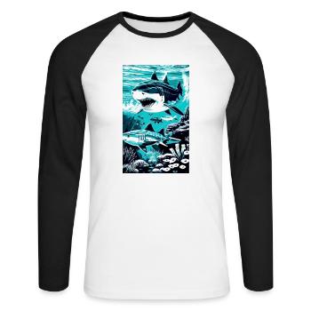Hai | Weißer Hai | Meerestier | Fisch - Unisex Baseballshirt langarm - Weiß/Schwarz - Vorne - Nik (191cm)