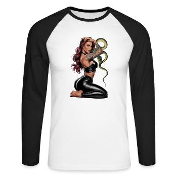 Wilde tätowierte Frau mit Schlange für einen - Unisex Baseballshirt langarm - Weiß/Schwarz - Vorne - Nik (191cm)
