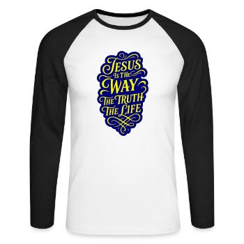 Jesus Way Truth Life Bible Verse - Unisex Long Sleeve Baseball T-Shirt - white/black - Front - Nik (191cm)