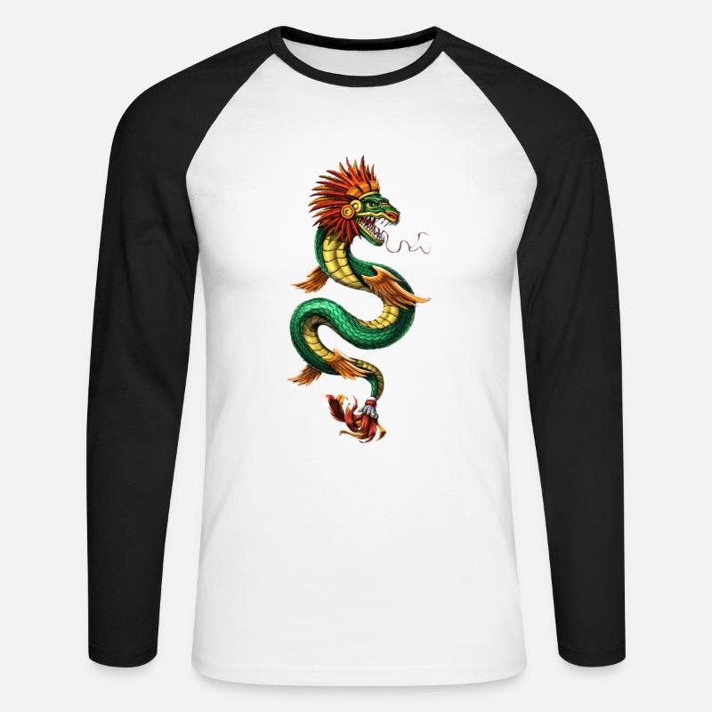 Quetzalcoatl Aztekisk befjädrad ormgud - Långärmad basebolltröja herr - vit/svart