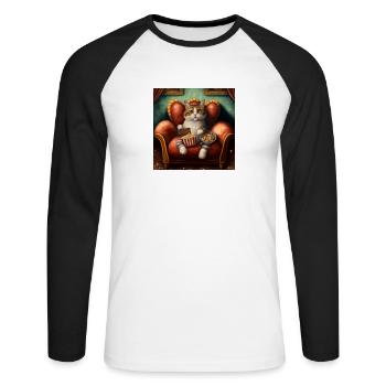 Chat antromorphe assis sur un canapé - T-shirt baseball manches longues Homme - blanc/noir - Devant - Nik (191cm)