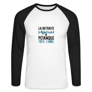 La retraite Apéro et Pétanque cadeau boule humour - T-shirt baseball manches longues Homme - blanc/noir - Devant - Nik (191cm)