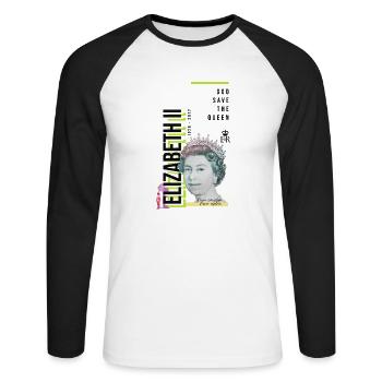 RIP Reine Elizabeth II, God Save the Queen, - T-shirt baseball manches longues Homme - blanc/noir - Devant - Nik (191cm)