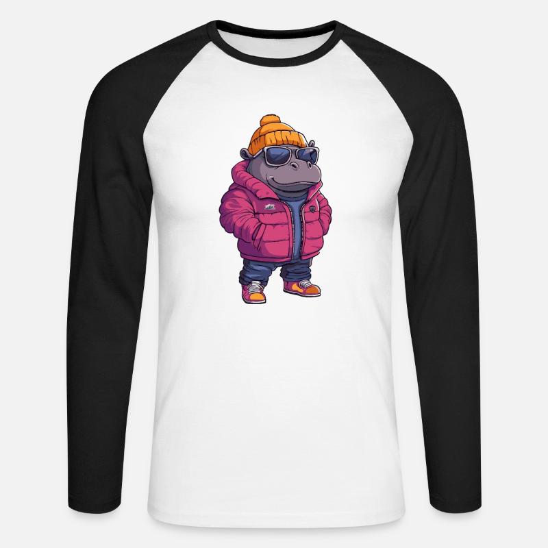 Nilpferd Cool Comic - Unisex Baseballshirt langarm - Weiß/Schwarz