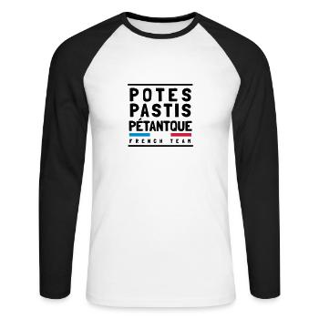 french team : potes pastis pétanque - T-shirt baseball manches longues Homme - blanc/noir - Devant - Nik (191cm)