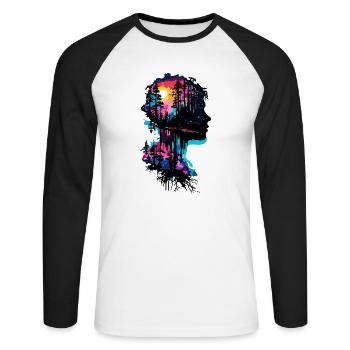Silhouette / Forêt / Portrait / Arbres / Personne - T-shirt baseball manches longues Homme - blanc/noir - Devant - Nik (191cm)
