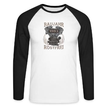 Baujahr und immer noch Rostfrei 1993 - Unisex Baseballshirt langarm - Weiß/Schwarz - Vorne - Nik (191cm)