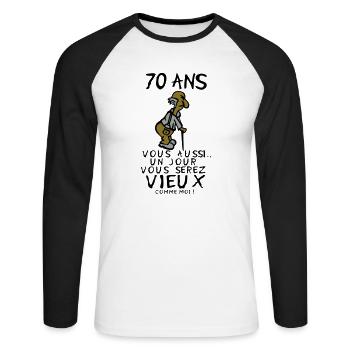 70 ans vieux monsieur anniversaire humou - T-shirt baseball manches longues Homme - blanc/noir - Devant - Nik (191cm)