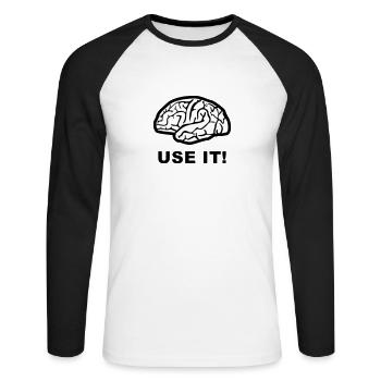 Brain - use it! - Unisex Long Sleeve Baseball T-Shirt - white/black - Front - Nik (191cm)