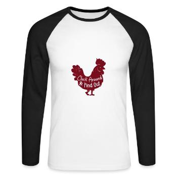 Gackern Sie herum & finden Sie es heraus Hühnchen - Unisex Baseballshirt langarm - Weiß/Schwarz - Vorne - Nik (191cm)