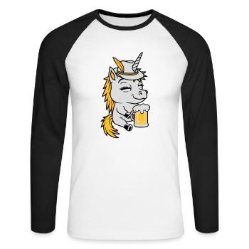 Bier trinkendes sitzendes Einhorn - Unisex Baseballshirt langarm - Weiß/Schwarz - Vorne - Nik (191cm)