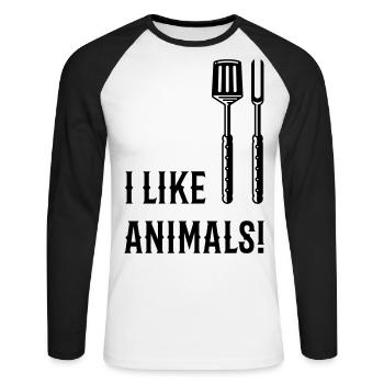 I Like Animals! (Grillbesteck / Black) - Unisex Baseballshirt langarm - Weiß/Schwarz - Vorne - Nik (191cm)