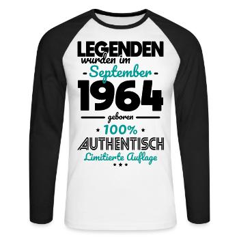60th Birthday - Legends were unveiled in September 1964 - Unisex Long Sleeve Baseball T-Shirt - white/black - Front - Nik (191cm)