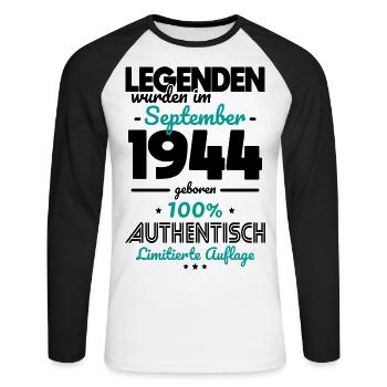 80th Birthday - Legends were unveiled in September 1944 - Unisex Long Sleeve Baseball T-Shirt - white/black - Front - Nik (191cm)