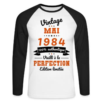 40th Anniversary - Vintage - May 1984 - Unisex Long Sleeve Baseball T-Shirt - white/black - Front - Nik (191cm)