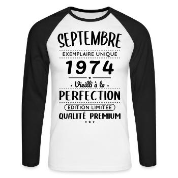 50th Anniversary - September 1974 Perfection - Unisex Long Sleeve Baseball T-Shirt - white/black - Front - Nik (191cm)