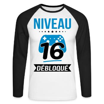 Anniversaire 16 ans - Niveau 16 débloqué - Gamer - T-shirt baseball manches longues Homme - blanc/noir - Devant - Nik (191cm)