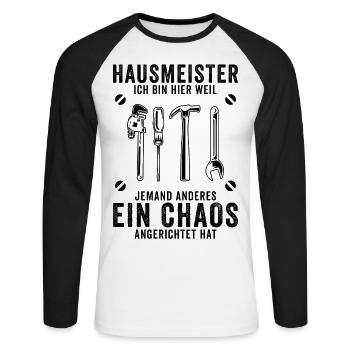 Hausmeister Hauswart Facility Manager Geschenk - Unisex Baseballshirt langarm - Weiß/Schwarz - Vorne - Nik (191cm)