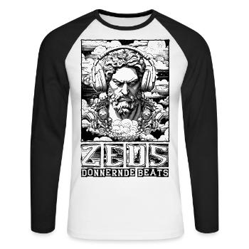 Zeus’ donnernde Beats: Stürmische Street Fashion - Unisex Baseballshirt langarm - Weiß/Schwarz - Vorne - Nik (191cm)