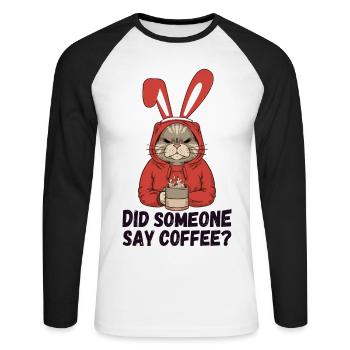 Quelqu’un a dit café ? Chat aux oreilles de lapin - T-shirt baseball manches longues Homme - blanc/noir - Devant - Nik (191cm)