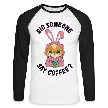 Quelqu’un a dit café ? Chat aux oreilles de lapin - T-shirt baseball manches longues Homme - blanc/noir - Devant - Nik (191cm)