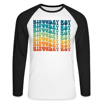 Anniversaire Garçon Groovy Rétro Vintage Anniversaire - T-shirt baseball manches longues Homme - blanc/noir - Devant - Nik (191cm)