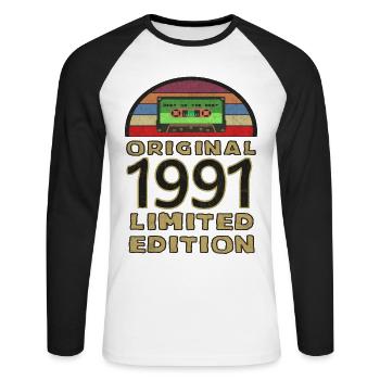 1991 Vintage Jahrgang Retro - Unisex Baseballshirt langarm - Weiß/Schwarz - Vorne - Nik (191cm)