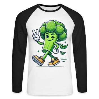 Cool Walking Broccoli Cartoon Design - Unisex Long Sleeve Baseball T-Shirt - white/black - Front - Nik (191cm)
