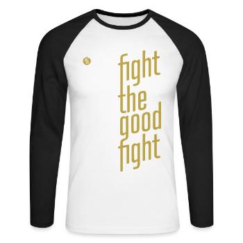 ThinkBick_Fight_the_good_fight_2026_2 - Unisex Baseballshirt langarm - Weiß/Schwarz - Vorne - Nik (191cm)
