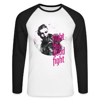 ThinkBick_Fight_the_good_fight_2026_5 - Unisex Baseballshirt langarm - Weiß/Schwarz - Vorne - Nik (191cm)