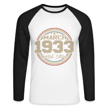 Génial Depuis Mars 1933 Anniversaire 1933 Cadeau - T-shirt baseball manches longues Homme - blanc/noir - Devant - Nik (191cm)