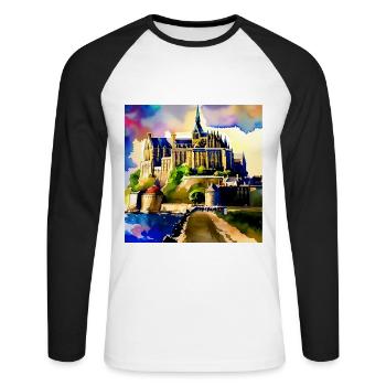 Abbaye du Mont-Saint-Michel, France - T-shirt baseball manches longues Homme - blanc/noir - Devant - Nik (191cm)