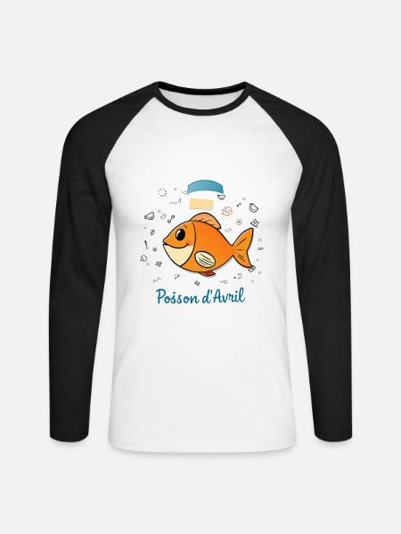 Poisson d'Avril - Orange tecknad fisk - Långärmad basebolltröja herr - vit/svart