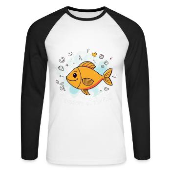 Poisson d’Avril - Orange Cartoon Fish, 1er avril - T-shirt baseball manches longues Homme - blanc/noir - Devant - Nik (191cm)
