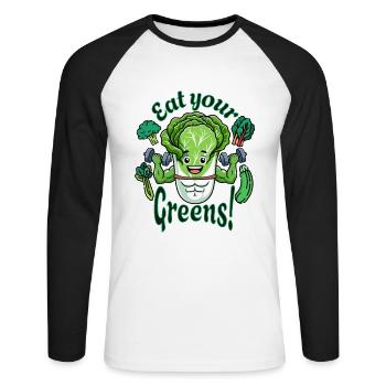 Veggie Muscles, Eat your Greens shirt - Unisex Baseballshirt langarm - Weiß/Schwarz - Vorne - Nik (191cm)