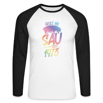1973 Geile Sau - Unisex Baseballshirt langarm - Weiß/Schwarz - Vorne - Nik (191cm)
