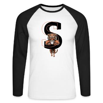 Tiger Buchstaben - Geschenkidee - Unisex Baseballshirt langarm - Weiß/Schwarz - Vorne - Nik (191cm)