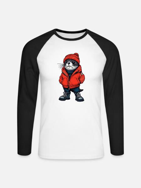 Robbe Tier Lustig Winter - Unisex Baseballshirt langarm - Weiß/Schwarz